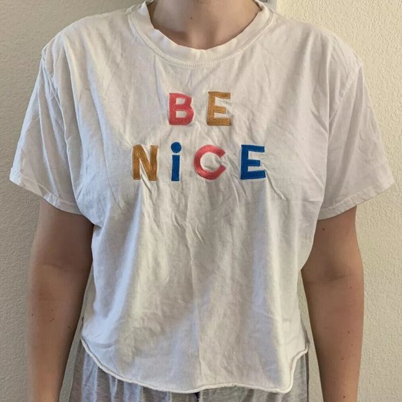 Wild Fable Mighty Fine Crop Top T-Shirt Lot Size L Pink Ivory BE NICE embroidery - Picture 2 of 8